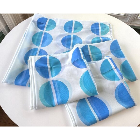 Vintage 70s curtain, blue oval geometric print, sheer, not hemmed, per panel - Picture 7 of 10